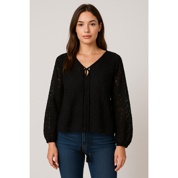 New Black Crochet Lace Top Size M Lined Balloon Sleeve Boho Dark Romantic - Picture 1 of 8